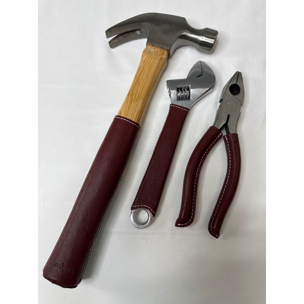 Swing Design Leather Wrapped Tool Set Hammer Wrench Pliers Burgundy 3 Piece